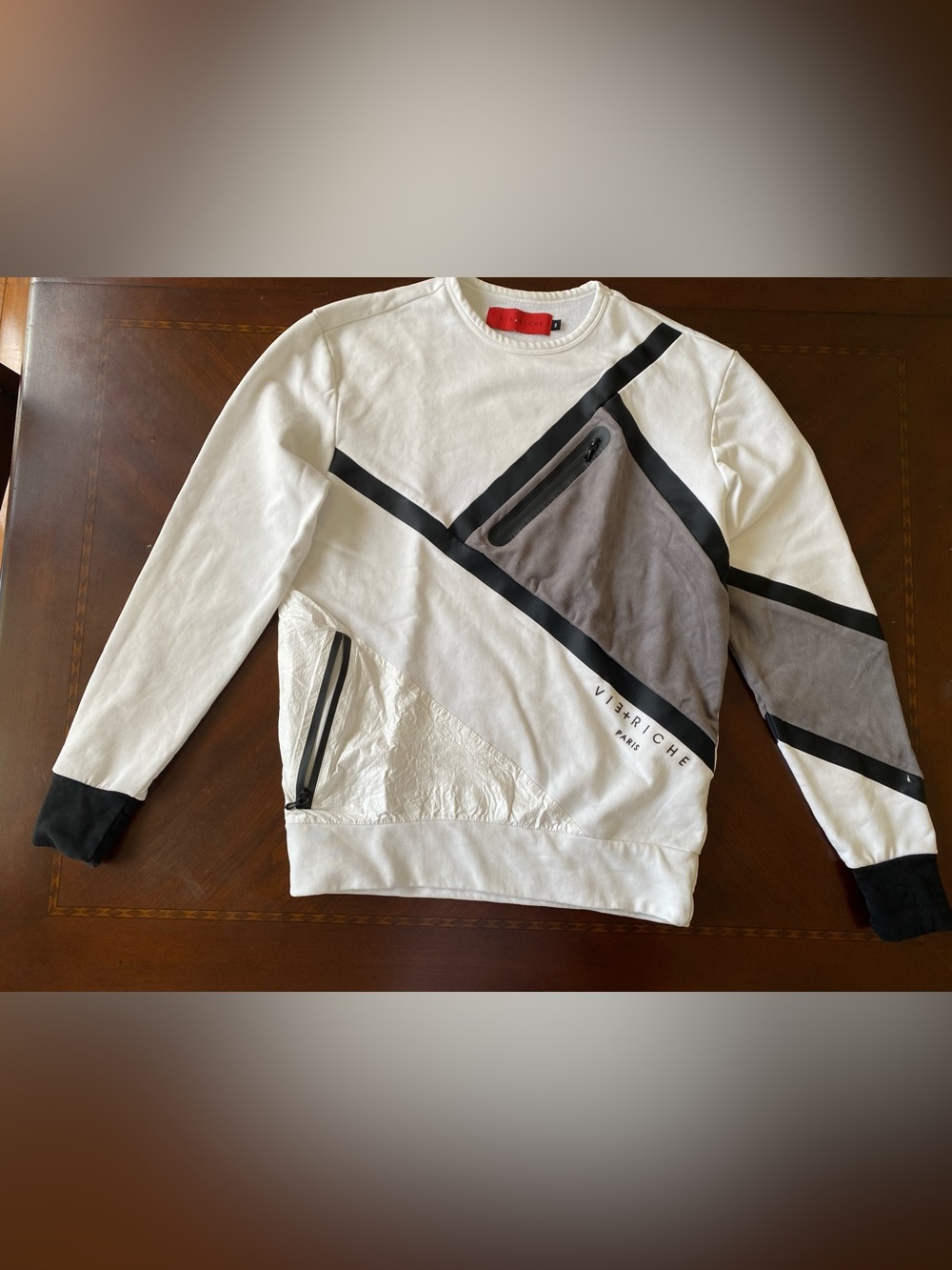 Men's White Crewneck Sweater with Gray/Black Accents